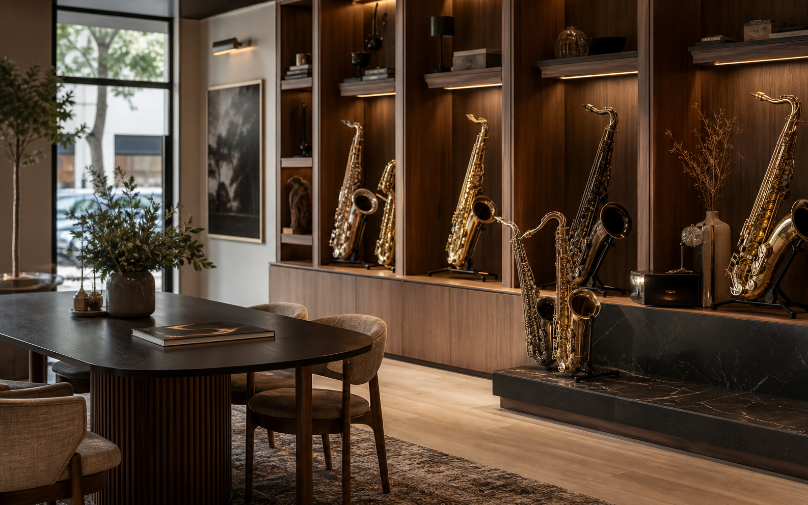 Mock Adelaide showroom with handmade saxophones on warm timber displays