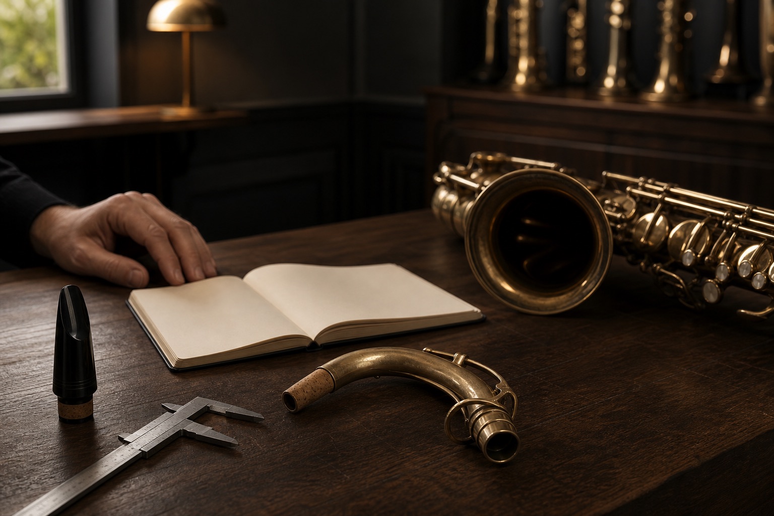 A saxophone neck, notebook and consultation table for an instrument trial