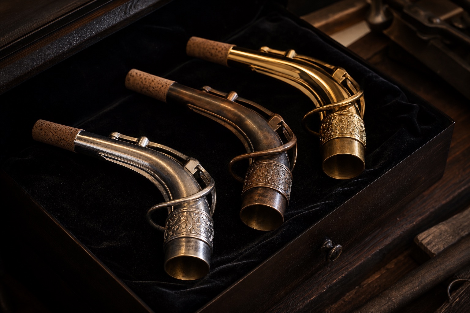 Rampone and Cazzani saxophone necks arranged for comparison