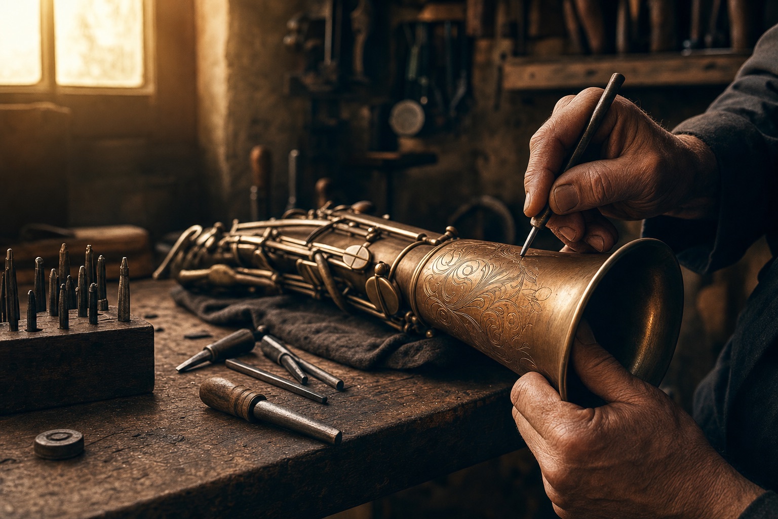 Hands engraving a saxophone bell in the Rampone and Cazzani workshop in Italy